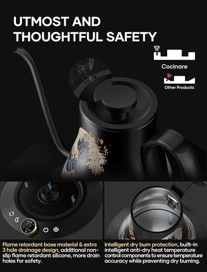 Cocinare FLOW M9 Electric Gooseneck Kettle, ±1℉ Temperature Control for Pour-over Coffee & Tea, Stainless Steel Interior, Quick Heating for Boiling Water (Wave)