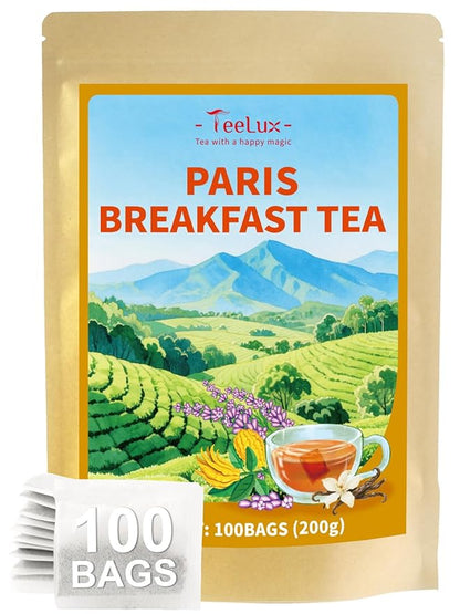 TeeLux Paris Breakfast Tea Bags, Blend Black Tea with Natural Vanilla & Bergamot Flavor, Robust & Smooth Taste, 100 Count
