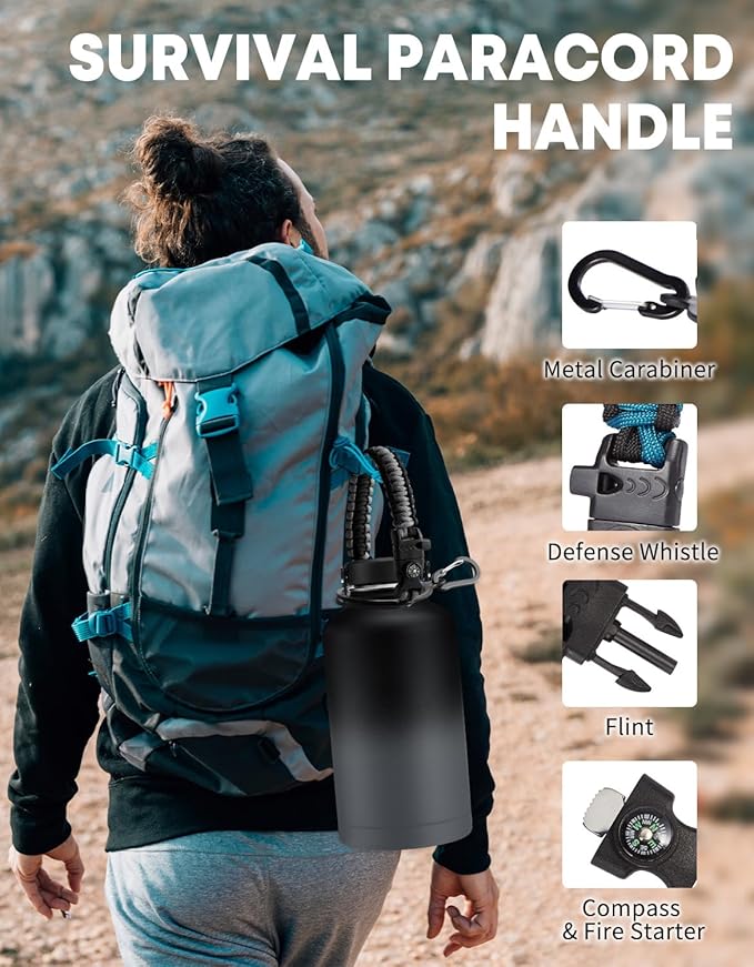 Stainless Steel 64 oz Wide Mouth Water Bottle - Keeps Ice Cold Up to 48H & Hot Up to 24H, Double-wall Metal Water Jug with Paracord Handle & Protective Boot
