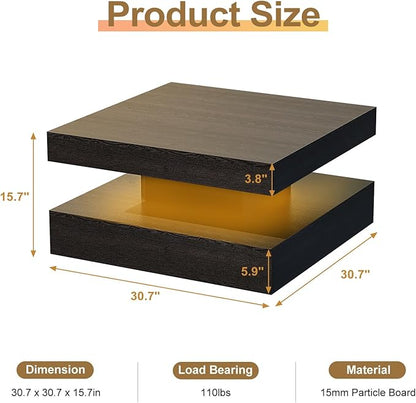 Black Led Coffee Table for Living Room, Square Living Room Table with Storage, Wooden Center Table Modern High Glossy Coffee Tables with 16 Colors LED Lights for Dining Room