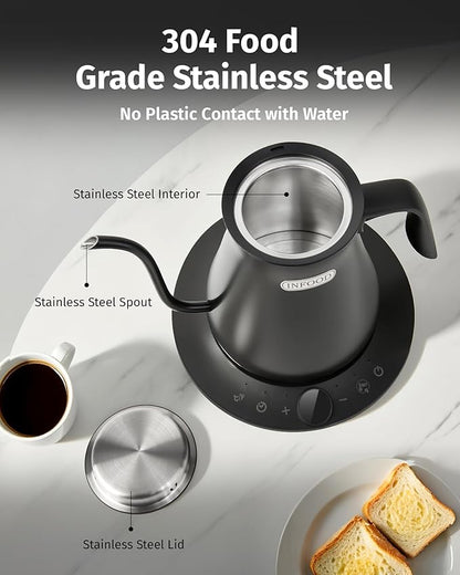 0.8L Gooseneck Electric Kettle, Precise Temperature Control for Pour Over Coffee & Tea, 1200W Fast Boiling Water, Auto Shut Off, Scheduling, Stainless Steel, Black