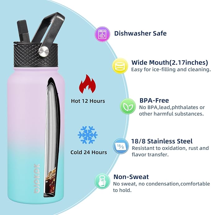 BJPKPK 2 Pack Insulated Water Bottles with Straw Lids, 32oz Stainless Steel Metal Water Bottle with 6 Lids, Leak Proof BPA Free Jugs, Cups, Flasks for Travel, Sports (Lavender Green+Black)