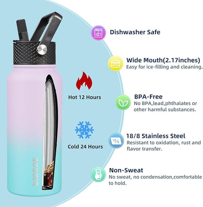 BJPKPK 2 Pack Insulated Water Bottles with Straw Lids, 32oz Stainless Steel Metal Water Bottle with 6 Lids, Leak Proof BPA Free Jugs, Cups, Flasks for Travel, Sports (Lavender Green+Black)