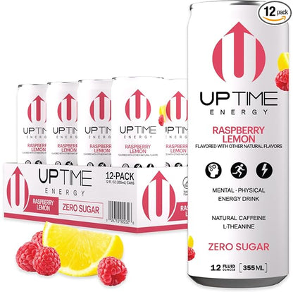 UPTIME Energy Drink, Raspberry Lemon Sparkling, 12 Pack, Vitamin C, L Theanine, Calcium, Sugar Free Energy Drinks for Focus Support, 142mg of Natural Caffeine, 5 Calories, Natural, 12 fl oz Cans