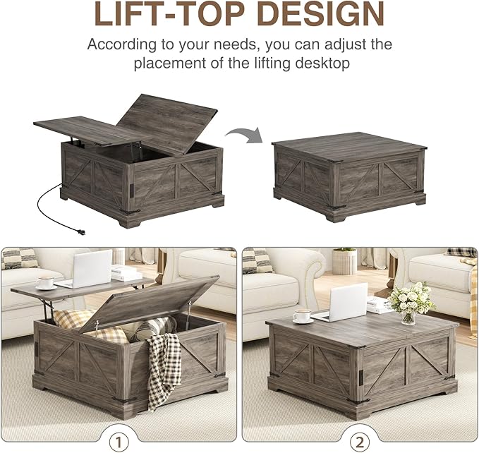 Coffee Table with Storage, 31.5" W Farmhouse Lift Top Wood Square Center Table with Charging Station, Rustic Cocktail Tables with Flip Top Lids for Living Room, Home Office, Grey
