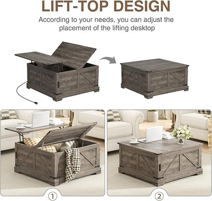 Coffee Table with Storage, 31.5" W Farmhouse Lift Top Wood Square Center Table with Charging Station, Rustic Cocktail Tables with Flip Top Lids for Living Room, Home Office, Grey