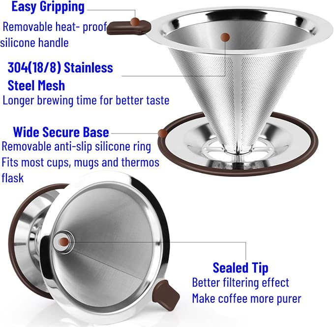 Reusable Paperless Coffee Filter V60,Coffee Dripper,Professional Stainless Steel Drip Cone Brew Coffee Strainer,Double Micro Mesh Filter,Coffee Filter Mug,Silicone Handle & Non-Slip Silicone Base (S)