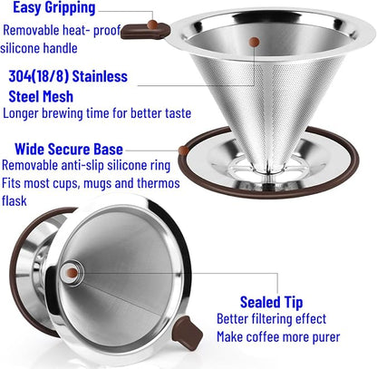 Reusable Paperless Coffee Filter V60,Coffee Dripper,Professional Stainless Steel Drip Cone Brew Coffee Strainer,Double Micro Mesh Filter,Coffee Filter Mug,Silicone Handle & Non-Slip Silicone Base (L)