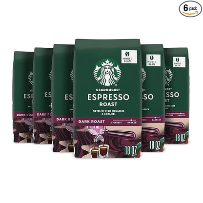 Starbucks Whole Bean Coffee, Dark Roast Coffee, Espresso Roast, 100% Arabica, 6 bags (18 oz each)