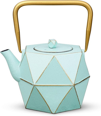 Toptier Cast Iron Teapot, Stovetop Safe Japanese Cast Iron Tea Kettle, Diamond Design Tea Pot with Removable Infuser for Loose Tea, 30 Ounce (900 ml), Light Green