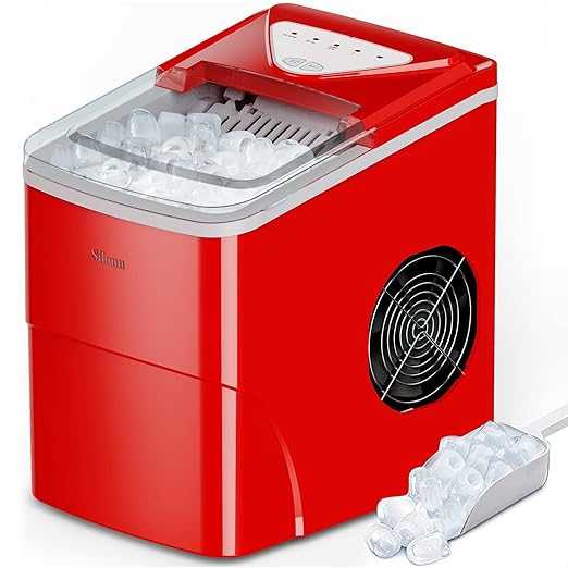 Silonn Ice Makers Countertop, Self-Cleaning Ice Machine 9 Cubes Ready in 6 Mins, 2 Sizes of Bullet Ice for Home Kitchen Office Bar Party, Red