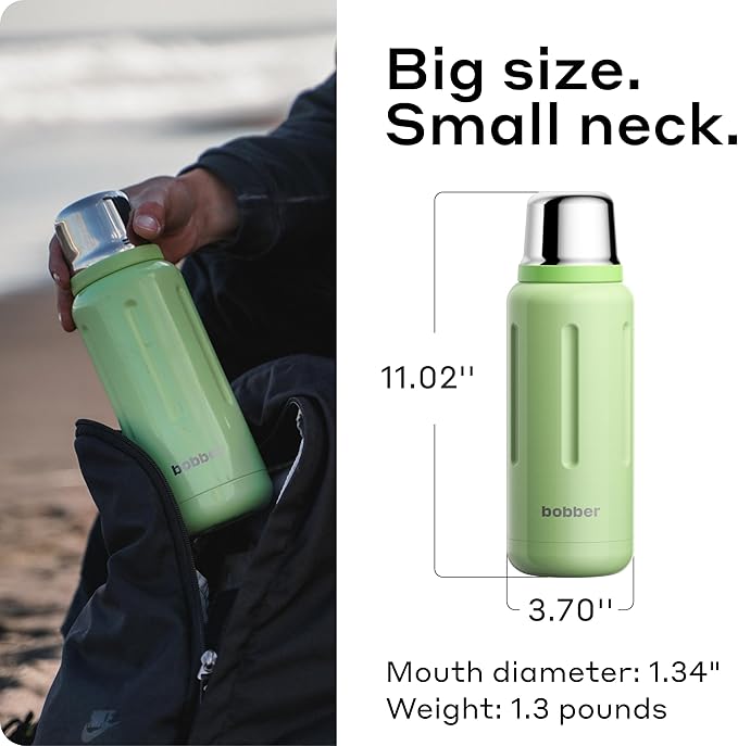 BOBBER 34 oz / 1 Liter Stainless Steel Travel Thermos for Hot and Cold Drinks – Dishwasher Safe Metal Water Bottle with Cup Lid – Keeps Hot for 48 Hours – BPA-Free, Vacuum Insulated (Mint Cooler)