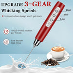 Load image into Gallery viewer, Milk Frother Handheld for Coffee, Electric Whisk 3 Speed Adjustable, Drink Mixer with Stainless 3 Whisks, Rechargeable Hand Frother Wand, Foam Maker for Latte Cappuccino Hot Chocolate Egg Red