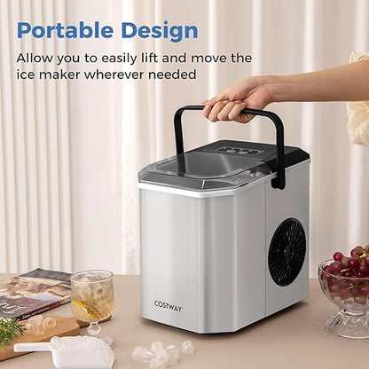 COSTWAY Countertop Ice Maker with Self-Cleaning, 9 Ice Cubes Ready in 6-13 Mins, 26.5Lbs/24H, 2 Sizes of Bullet Ice, Portable Ice Machine with Handle, Ice Scoop and Basket for Home Office (Silver)