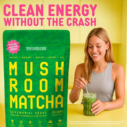 Mushroom Matcha + Lions Mane, Ashwagandha, Collagen – Clean Energy & Focus – Ceremonial Grade Macha Green Tea with 5 Mushrooms Powder – 30 Servings