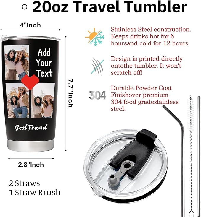 Personalized Tumbler with Pictures Text, Custom Photo Stainless Steel Coffee Tumbler, Coffee Travel Mug Cup 20 Oz Custom Gifts for Fathers Day Christmas Birthday for Dad Mom Kids
