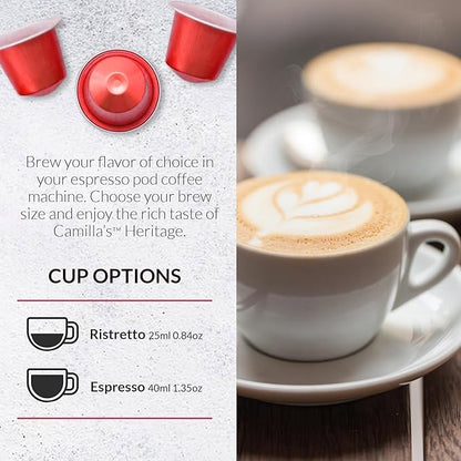 Camilla’s Heritage - Intensity 8 Cinnamon Flavored Espresso Coffee, Gourmet Espresso Cups, 60 Coffee Pods