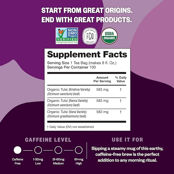 FGO Organic Tulsi Holy Basil Tea, 100 Count, Eco-Conscious Herbal Tea Bags, Resealable Bag, Caffeine Free, Packaging May Vary (Pack of 1)