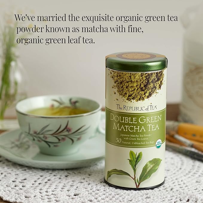 The Republic of Tea - Organic Double Green Matcha, Naturally Caffeinated Japanese Green Tea Powder and Leaves, Steeps 50 Cups