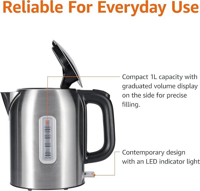 Amazon Basics 1.1Qt (1L) Electric Kettle, Tea Kettle & Water Boiler, with Auto Shut-Off, Boil Dry Protection, High-Safety Strix Thermostat, BPA-Free, 1500W, Stainless Steel, New Model, Black & Silver