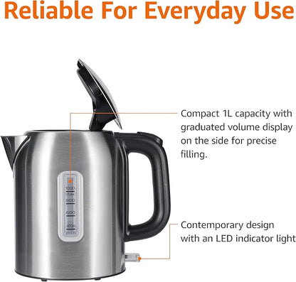 Amazon Basics 1.1Qt (1L) Electric Kettle, Tea Kettle & Water Boiler, with Auto Shut-Off, Boil Dry Protection, High-Safety Strix Thermostat, BPA-Free, 1500W, Stainless Steel, New Model, Black & Silver