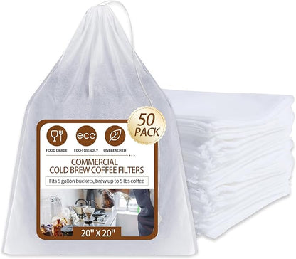 50Pcs Commercial Cold Brew Coffee Filters for 5 Gallon Buckets, 20" X 20" Disposable Coffee Filters with Drawstring for Brew Up To 5 LBS Coffee
