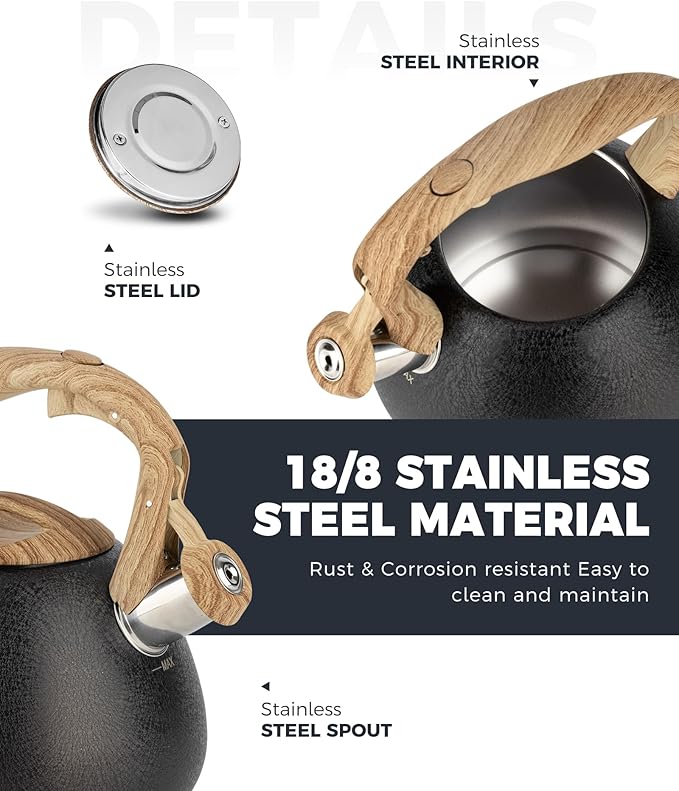 POLIVIAR Tea Kettle, 2.7 Quart Stovetop Tea Kettle, Audible Whistling Teapot with Crackle Finish, Food Grade Stainless Steel for Anti-Rust, Anti Hot Handle, Suitable for All Heat Sources (JX2023-LRB)