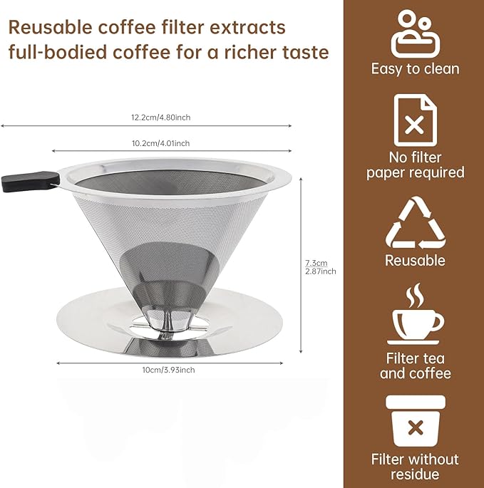 Reusable Coffee Filter, Cone Pour Over Coffee Dripper Paperless Coffee Maker Dripper for 1-2 Cup, Stainless Steel Coffee Permanent Filter, Coffee Dripper for Cuisinart Coffee Maker Filter and Brewer