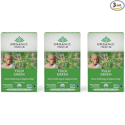 ORGANIC INDIA Tulsi Green Tea Bags - Holy Basil Tea, African Basil, Stress Relieving, Immune Support, USDA Certified Organic, Premium Darjeeling Green Tea, Caffeinated - 18 Infusion Bags, 3 Pack
