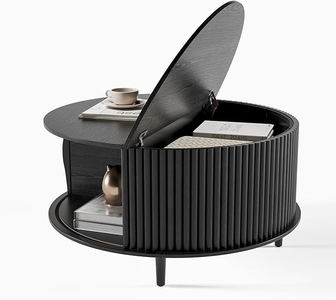 Round Coffee Table with Storage,31.5" Mid Century Modern Coffee Table with Hidden Compartment,Fluted Center Table for Living Room,Home Small Space,Black
