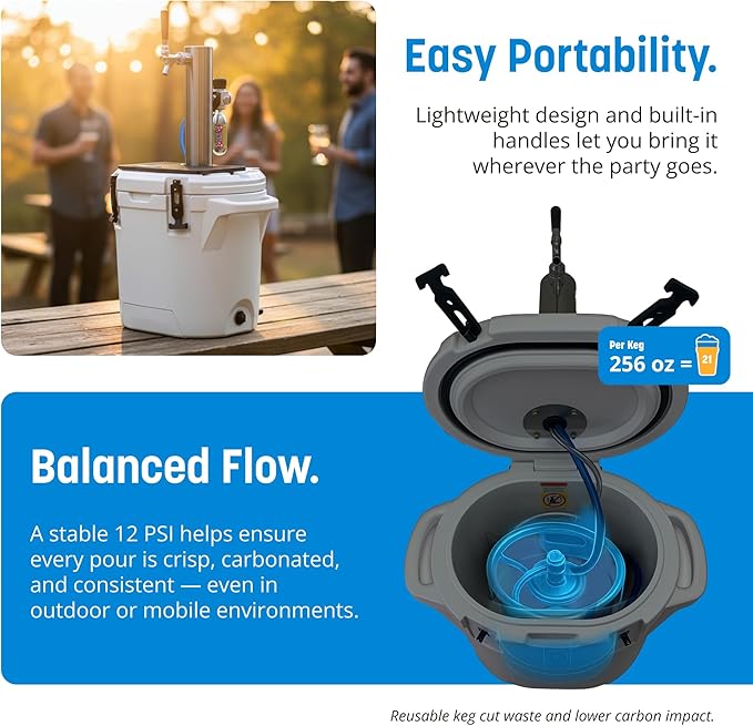 Coldbreak ColdOne Non-Electric Portable Kegerator, 2 Gallon Refillable Keg for Craft Beverages, CO2 Regulator with Stainless Steel Parts, Easy to Fill and Clean, Cold for 5 Days, Made in USA