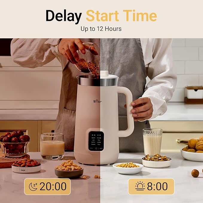 Bear 8 in 1 Nut Milk Maker Machine, 40oz/1.2L Soy Milk Maker with Self Clean/12H Delay/6H Keep Warm, One Touch Alomnd Milk Maker for Homemade Oat, Soup, Juice, Plant Based and Non Dairy Beverages