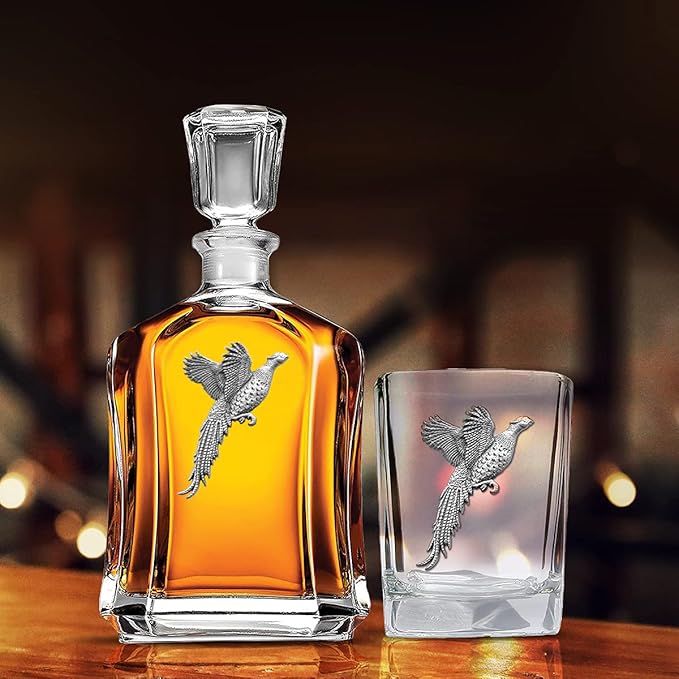 Heritage Pewter Pheasant Square Shot Glass | Hand-Sculpted 1.5 Ounce Shot Glass | Intricately Crafted Metal Pewter Inlay