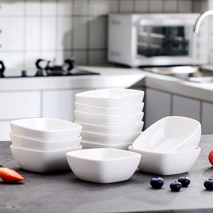 MALACASA 5 oz Porcelain Dip Bowls Set, 12 Pack Small Ramekins, Dipping Sauce Dishes, Stackable Tiny Ramekins for Pudding, Souffle, Brulee, Dessert, Snack, Charcuterie Boards accessories, Oven Safe