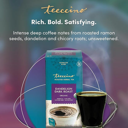 Teeccino Dandelion Herbal Tea - Dark Roast - 25 Tea Bags - Caffeine Free, Prebiotic, Gluten Free, 3x More Herbs