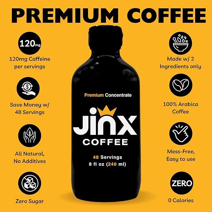 Jinx Coffee Concentrate – 50x Stronger Cold Brew Coffee | Strong Caffeine Concentrated Liquid, Perfect for Instant Hot or Iced Coffees, Cold Brew Concentrate, Hot Drinks, and Instant Espresso | 48 Servings of Premium Concentrated Coffee
