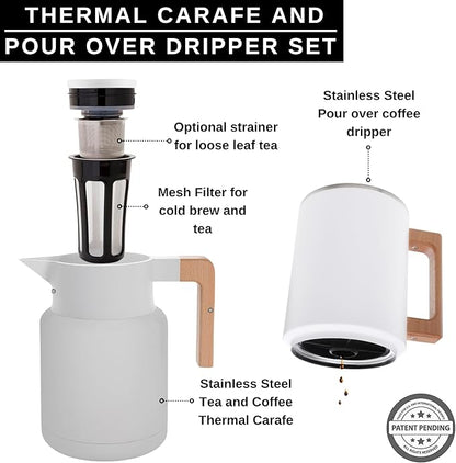 HASTINGS 50 Oz Pour Over Coffee Maker Set with Double Layer Reusable Stainless Steel Filter 8-Cup and Wood Handle - Dual Wall Heat Resistant Drip Coffee Brewer, Pour Over Coffee Dripper Carafe, White