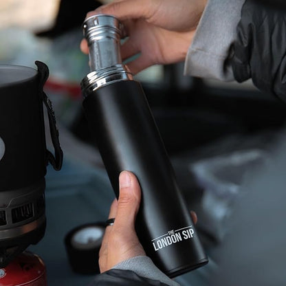 London Sip 25 oz Multi-Function Travel Mug and Tumbler Tea Infuser Water Bottle Fruit Infuser Flask Hot and Cold Double Wall Stainless Steel Coffee Thermos, Zen Black