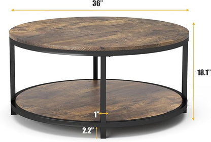 NSdirect 36 inches Round Coffee Table, Rustic Wooden Surface Top & Sturdy Metal Legs Industrial Sofa Table for Living Room Modern Design Home Furniture with Storage Open Shelf (Brown)