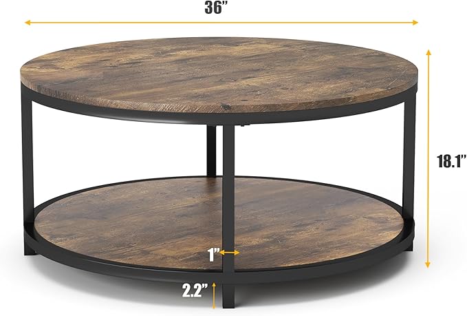 NSdirect 36 inches Round Coffee Table, Rustic Wooden Surface Top & Sturdy Metal Legs Industrial Sofa Table for Living Room Modern Design Home Furniture with Storage Open Shelf (Brown)