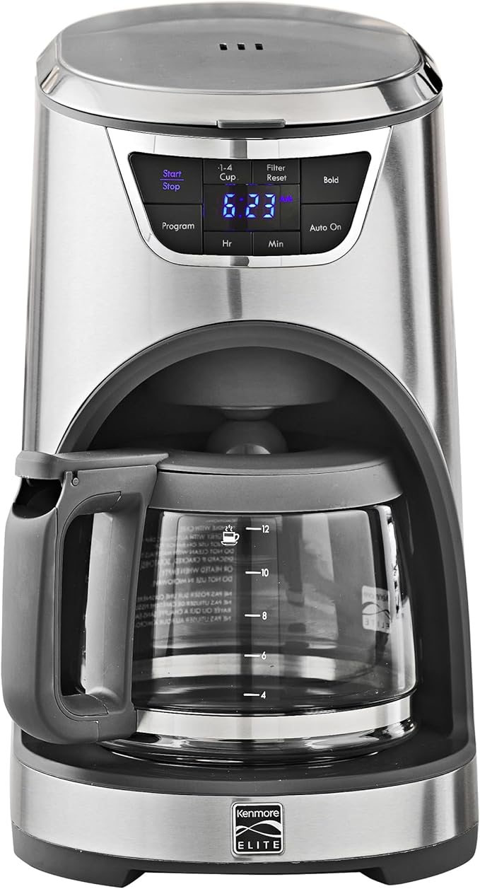 Kenmore Elite Drip Coffee Maker - 12 Cup Programmable Cafe Machine With Glass Pot, Regular & Bold Brew, Auto Shut Off Large Water Reservoir, Reusable Filter, Kitchen Appliances