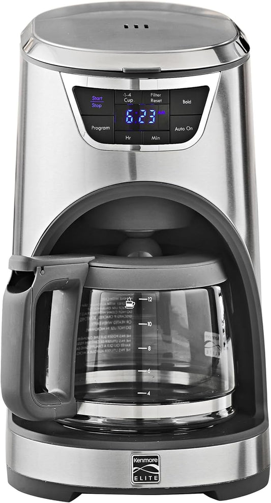 Kenmore Elite Drip Coffee Maker - 12 Cup Programmable Cafe Machine With Glass Pot, Regular & Bold Brew, Auto Shut Off Large Water Reservoir, Reusable Filter, Kitchen Appliances