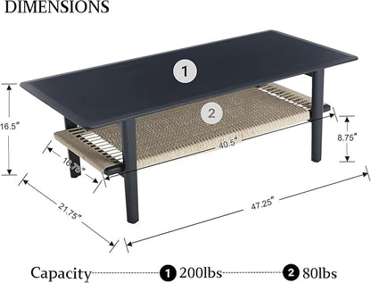Black Coffee Table for Living Room Farmhouse Coffee Table with Natural Rattan Storage Shelf Large 2-Tier Rectangular Center Table for Living Room Reception