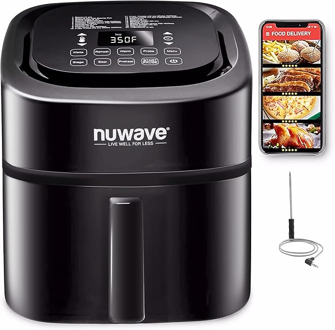 Nuwave Brio 8-Qt Air Fryer, Powerful 1800W, Easy-to-Read Cool White Display, 50°-400°F Temp Controls, 100 Pre-Programmed Presets & 50 Memory Slots, Integrated Smart Thermometer, Linear T Technology