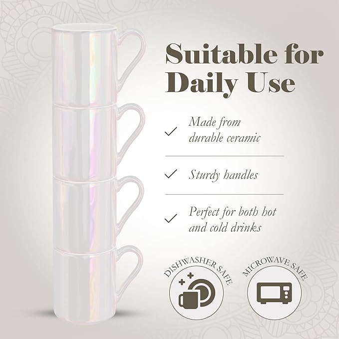 American Atelier Ceramic Mini Espresso Cups Set of 4, 3oz - Stackable Tiny Mugs for Small Shots of Coffee with Metal Stand - Use Demitasse Espresso Mug Racks for Any Kitchen or Café (Pearlized)