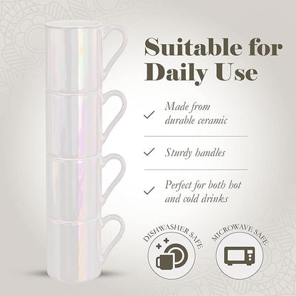 American Atelier Ceramic Mini Espresso Cups Set of 4, 3oz - Stackable Tiny Mugs for Small Shots of Coffee with Metal Stand - Use Demitasse Espresso Mug Racks for Any Kitchen or Café (Pearlized)