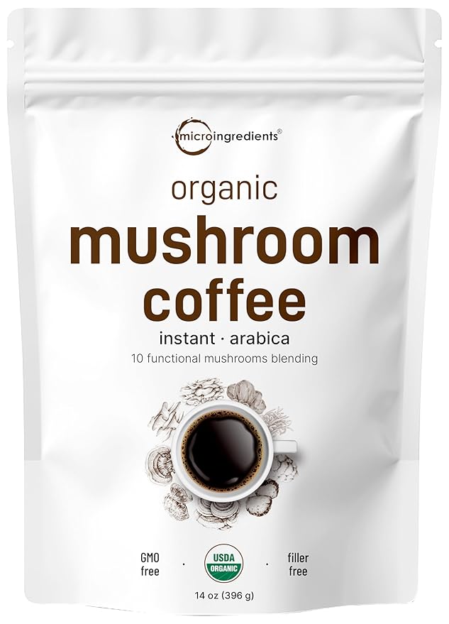 Organic Instant 10 in 1 Mushroom Coffee Powder, 14 Ounce (158 Servings) | Weight & Immune Support | Premium Arabica Coffee with Lion’s Mane, Chaga, Reishi,& More