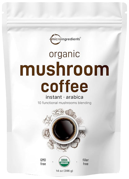 Organic Instant 10 in 1 Mushroom Coffee Powder, 14 Ounce (158 Servings) | Weight & Immune Support | Premium Arabica Coffee with Lion’s Mane, Chaga, Reishi,& More