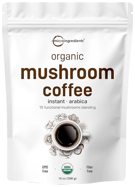 Organic Instant 10 in 1 Mushroom Coffee Powder, 14 Ounce (158 Servings) | Weight & Immune Support | Premium Arabica Coffee with Lion’s Mane, Chaga, Reishi,& More