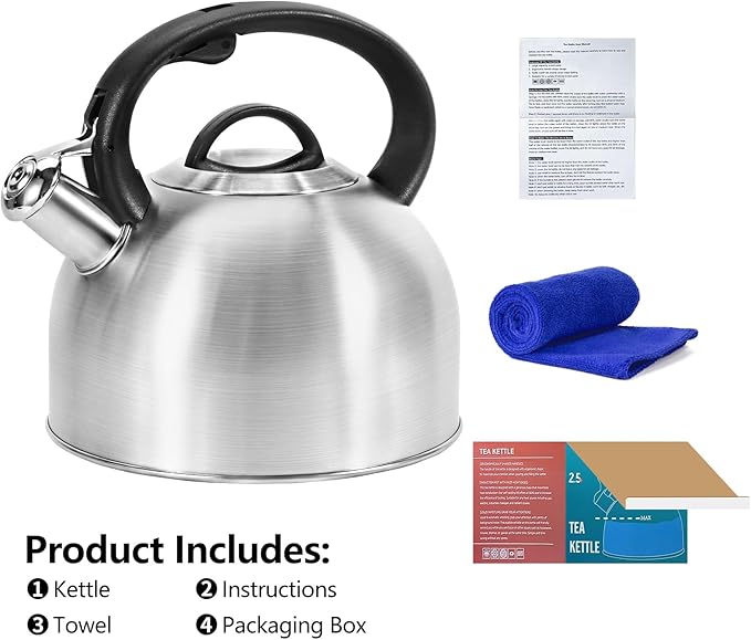 Whistling Stovetop Tea Kettle, 3L Food-Grade 304 Stainless Steel Teapot, Ergonomic Handle,Hot Water Quick Boil,All Metal Stove Kettle Rust Resistant and Durable,With Anti-Scald Towel(Silver)